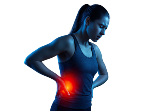 Fitness woman suffering lower back pain with highlighted red area showing muscle strain and discomfort after workout, isolated on white background