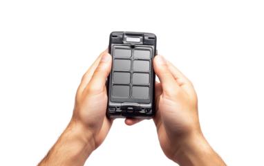 Hands holding a mobile translator device highlighting modern technology communication and global connection isolated on transparent background PNG