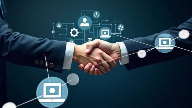 A polished visual of partner KPIs with handshake symbols and integration graphics, designed around a central focal point while allowing for adequate copy space for branding or messages.