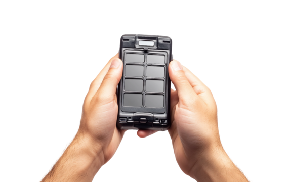 Hands holding a mobile translator device highlighting modern technology communication and global connection isolated on transparent background PNG