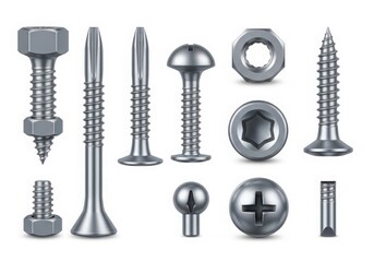 Collection of various metal fasteners and hardware on a white background