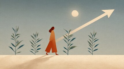 A lone figure, possibly of ambiguous global descent, strides alongside ethereal growths and a rising arrow during Navruz's dawn renewal