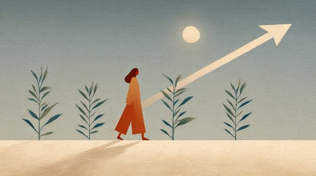 A lone figure, possibly of ambiguous global descent, strides alongside ethereal growths and a rising arrow during Navruz's dawn renewal