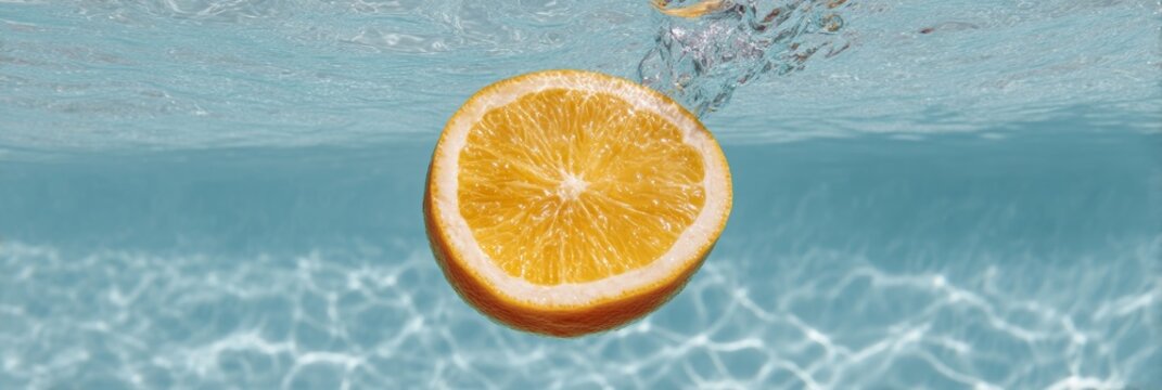 Floating citrus slice in turquoise pool, refreshing elegance of summer solstice, zestful hydration moments, quirky aqua celebration
