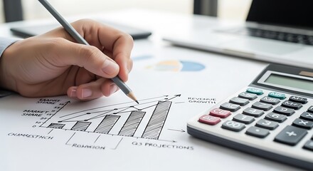 Closeup of a persons hand holding a pencil and working on a bar graph with a calculator and laptop in the background, showcasing financial analysis and planning