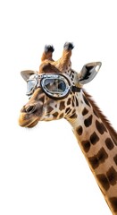 Obraz premium giraffe wearing goggles on it's head on a solid white background