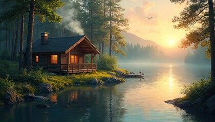 Obraz premium Wooden cabin on lake shore at sunset. House with porch, chimney surrounded by trees, rocks. Boat on calm water. Man rows in boat. Nature landscape with mountains in background. Peaceful evening scene.