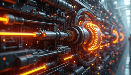 Fototapeta premium Futuristic machine with complex gears. It shows innovation in tech, heavy industry. Metalwork includes pipes, laser beams. It depicts industrial engineering, power generation in sci-fi station.