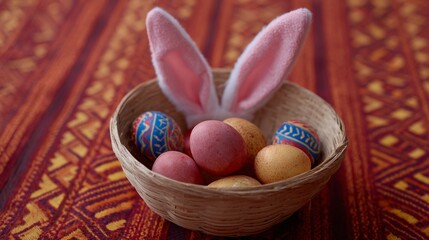 Intricately dyed Easter eggs nestled with whimsical bunny ears in a rustic basket, celebrating Ostara and Slavic Pysanka traditions