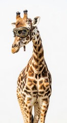 Obraz premium giraffe wearing goggles on it's head on a solid white background