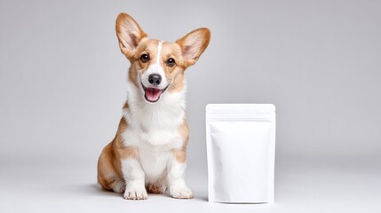 Cute corgi gleefully poses by mysterious package, canine curiosity piqued, celebrating National Dog Day and Pet Appreciation Week