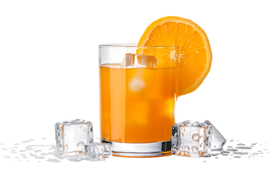 Refreshing orange juice with ice cubes and slice, perfect for summer promotions, healthy lifestyle blogs, and vibrant beverage ads. Quench your thirst today!
