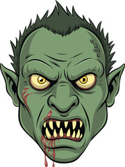Scary green monster face illustration, angry zombie vampire head vector art, horror creature design with bloody mouth, Halloween scary character drawing