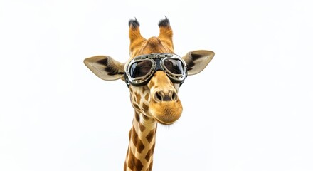giraffe wearing goggles on it's head on a solid white background