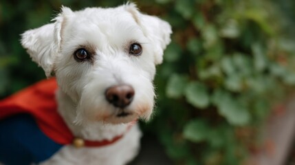 Dapper white terrier dons superhero cape, embodying canine charisma for World Animal Day and National Dress Up Your Pet Day