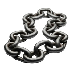 Heavy, dull dark grey cast iron chain with rugged, thick links, organically coiled on a transparent studio background, concept of raw industrial power and resilience