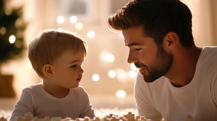 Gentle evening glow captures a Caucasian father and toddler's playful bond, echoing Father's Day and Children's Day warmth