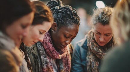 Diverse women united in prayer focusing on Christianity and Bible study
