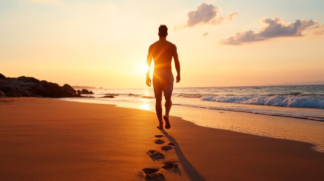 Sunset-kissed solitary journey, silhouette of Hispanic male, coastal tranquility, contemplative magic, World Oceans Day, introspective footprints reveal path