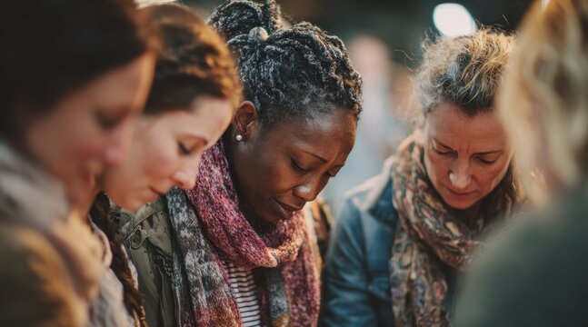 Diverse women united in prayer focusing on Christianity and Bible study