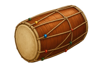 Traditional wooden dhol drum with colorful rope accents used in folk music and festive celebrations, detailed cultural instrument, isolated on white background