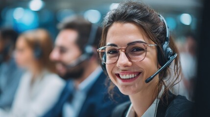Enthusiastic female call center agent wearing a headset