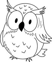 A vector children coloring page with owl drawn in soft friendly outlines, minimal composition, large clear spaces for coloring, perfect for kids print materials. Vector illustration