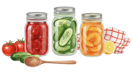 A charming collection of three mason jars filled with homemade preserves: cherry jam, sliced pickled cucumbers, preserved peaches vector illustration.