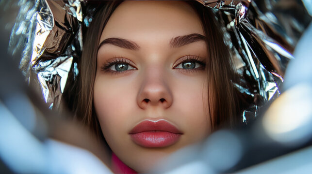 A young woman with luminescent eyes peers through shimmering foil, evoking cosmic curiosity on World Space Week