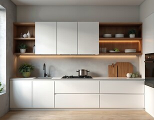 Modern minimalistic kitchen interior design. White cabinets mix with wooden shelves. Pot on the stove. Clean home interior. Nobody. Style inspiration concept for real estate ads.