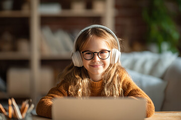 Young Girl Engaged in Online Class at Home with Laptop and Headphones