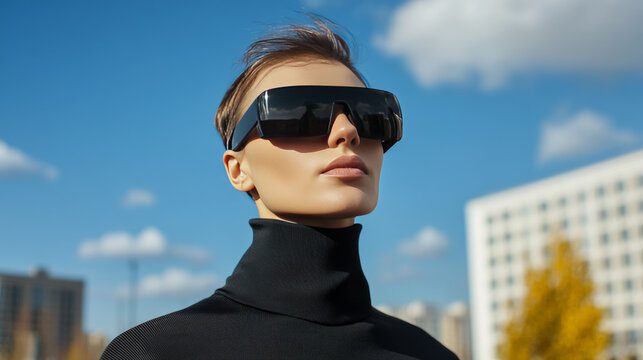 Stylish futuristic Asian female in VR visor explores virtual landscapes, embodying Cyber Monday tech fantasies and World Urbanism Day - Powered by Adobe