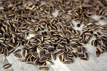  Scattered Sunflower Seeds on a Rustic Wooden Table