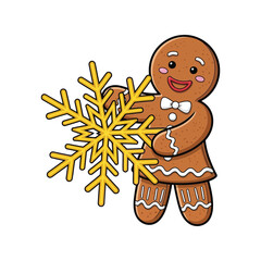 Joyful gingerbread man holding festive golden snowflake illustration vector