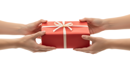 Hands exchanging a red gift box with white ribbon isolated on transparent background