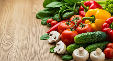 Fresh colorful vegetables Tomatoes, bell peppers, mushrooms, and cucumber on a wooden surface