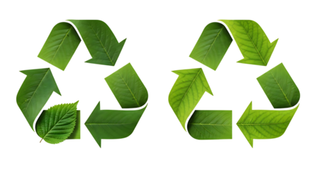 Two green recycling symbols made of leaves isolated on transparent background