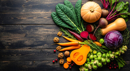 Fresh organic vegetables on rustic wooden table including pumpkin carrots cabbage and leafy greens
