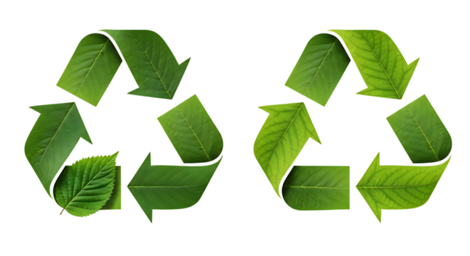 Two green recycling symbols made of leaves isolated on transparent background