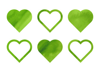 水彩テクスチャのある黄緑色のハートのセット素材