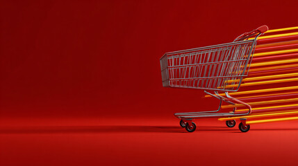 A dynamic shopping cart speeds through a digital marketplace leaving a trail of light illustrating rapid online delivery and instant purchase gratification