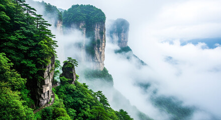Misty vertical rock pillars and lush green forest in the beautiful landscape of Zhangjiajie China