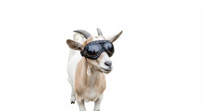 goat wearing goggles on it's head on a solid white background
