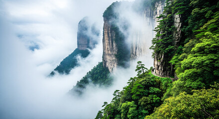 Towering mountain cliffs pierce through swirling fog, showcasing vibrant green foliage and a scenic walkway
