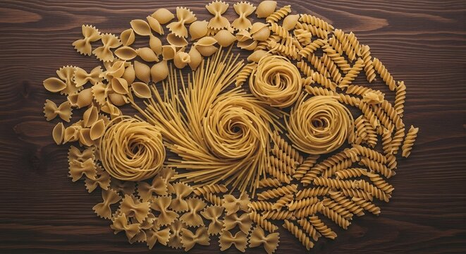 Various types of uncooked pasta arranged on a dark wooden surface in an artistic composition