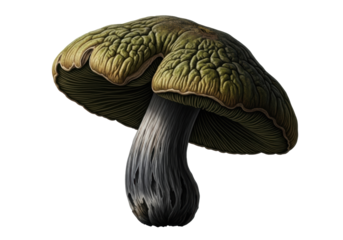Ancient, gnarled porcini mushroom with dark charcoal stem and wrinkled moss-green cap, dramatically side-lit, isolated on transparent studio background with copy space, concept of aged wisdom and