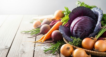 Assortment of fresh root vegetables and red cabbage on a rustic wooden table for a healthy meal