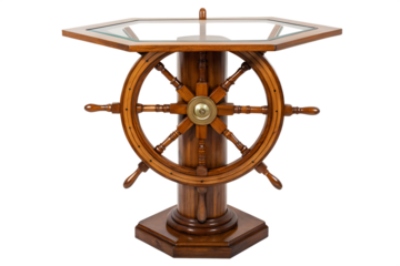 Exquisite wooden ship wheel table with a glass top, a nautical masterpiece perfect for home decor and maritime enthusiasts
