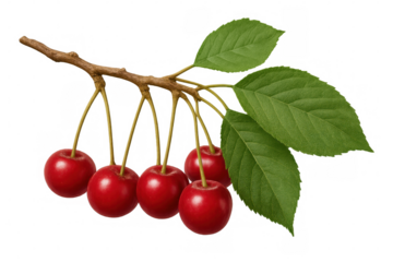 Cherry branch with fresh red fruits and green leaves, symbolizing healthy eating, natural freshness, and sweet organic food