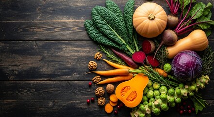 Autumn harvest of colorful seasonal vegetables and nuts on a dark rustic wooden background